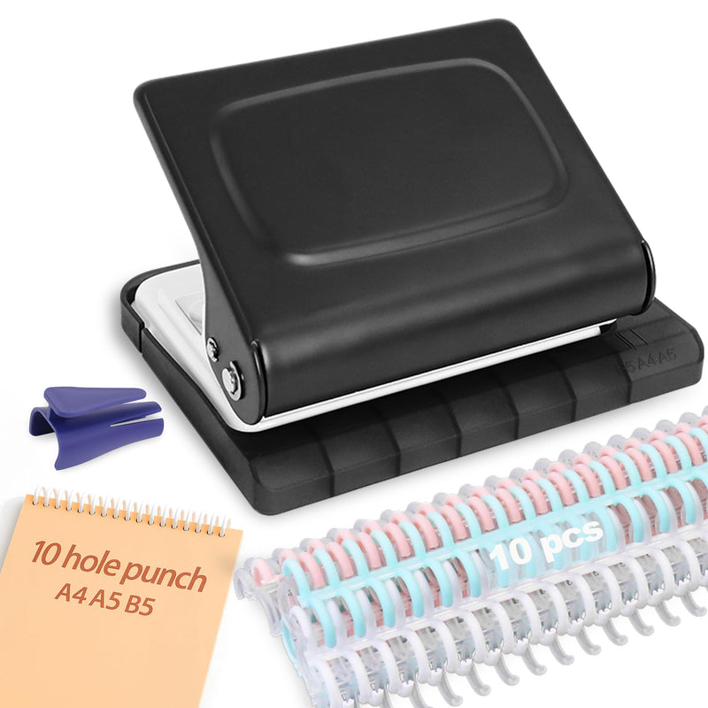 10 Hole Punch Binding Machine for Planners with 10 Multi-Color Binder Rings,30 Holes on A4,20 Holes on A5,26 Holes on B5,10 Sheet Capacity (Black) Black