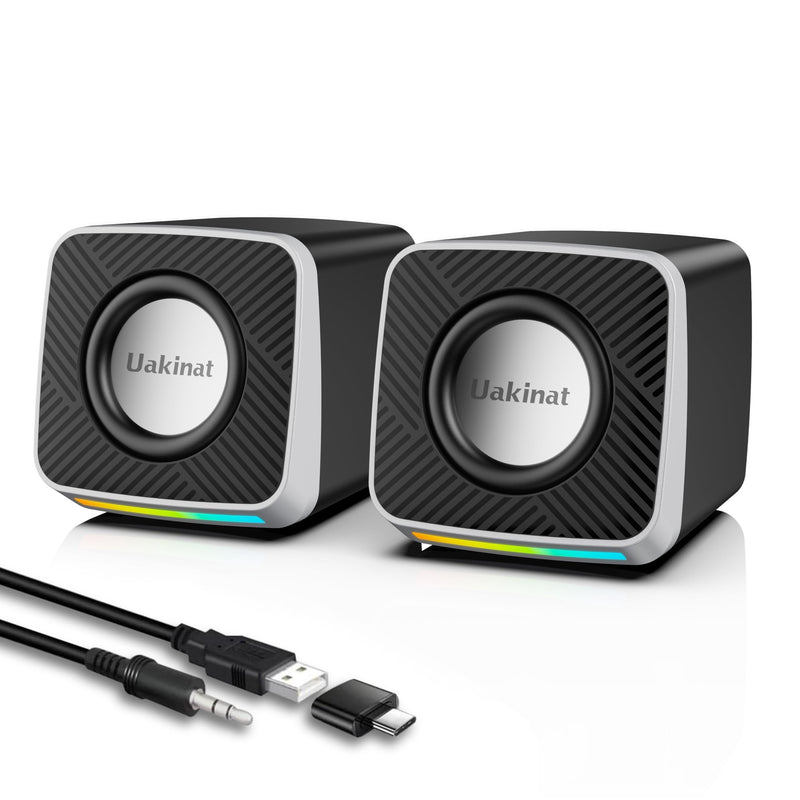 PC Speakers 2"–3W Carbon Fiber Computer Speaker for Desktop or Laptop PC,USB C/USB-Powered,Crystal Clear Sound,Rich Bass,Loud Volume,Direct Control,Plug-N-Play,Black-Silver