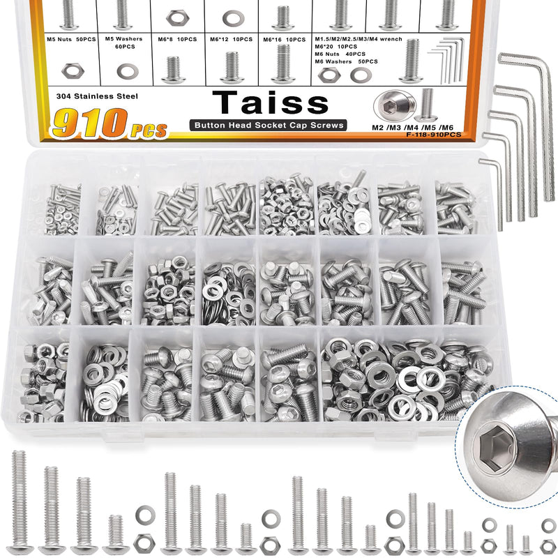 Taiss 910PCS Metric Screw Assortment M2 M3 M4 M5 M6,304 Stainless Steel Button Head Socket Cap Metric Screws Bolts Nuts and Washers Assortment Kit with Hex Wrenches 910PCS M2 M3 M4 M5 M6 Hex Button Head Screws