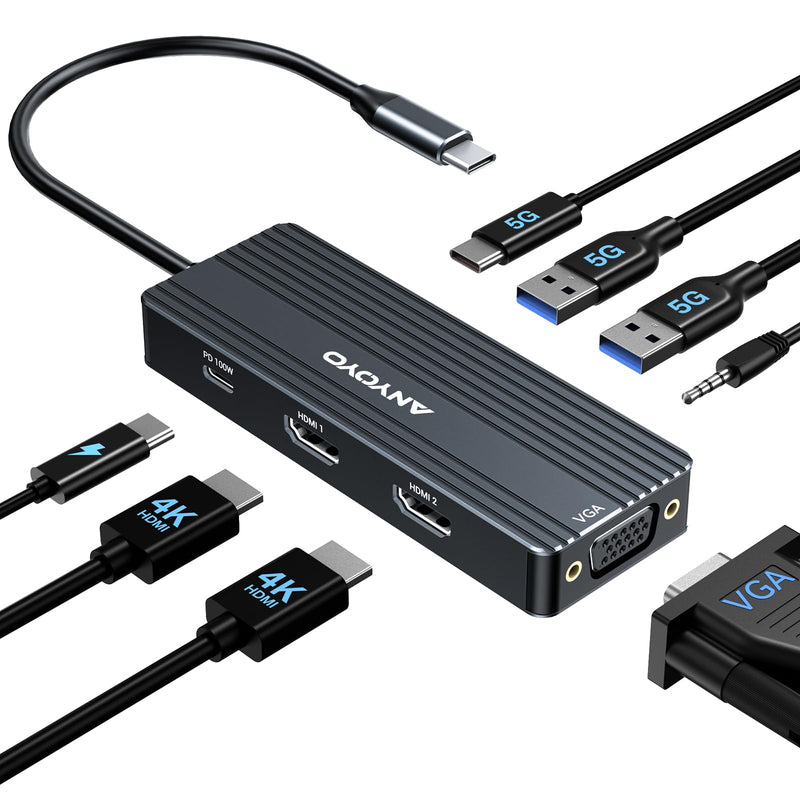 ANYOYO USB C Docking Station Dual HDMI Monitor Adapter 8-in-1 USB C HUB 3 Monitors Adapter with 4K HDMI +VGA +PD100W+Audio Laptop Docking Station for Dell/Lenovo/HP/Samsung/ASUS (Black) Black