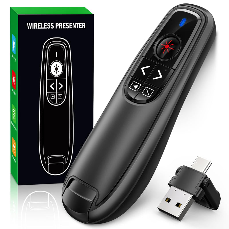 Presentation Clicker Wireless Presenter Remote Clicker, USB C PowerPoint Clicker for Presentation with Laser Pointer, RF 2.4GHz Computer Pointer Clicker Slide Advancer for Google Slides,Mac,Laptop Black