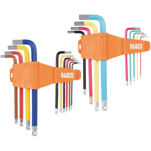 Klein Tools CBLS19 Long Ball-End Hex Key Wrench Set, SAE and Metric, L-Style, Color-Coded Powder-Coat, 3/32 to 3/8-Inch and 1.5 to 10 mm, 19-Piece SAE & Metric (L-Style)