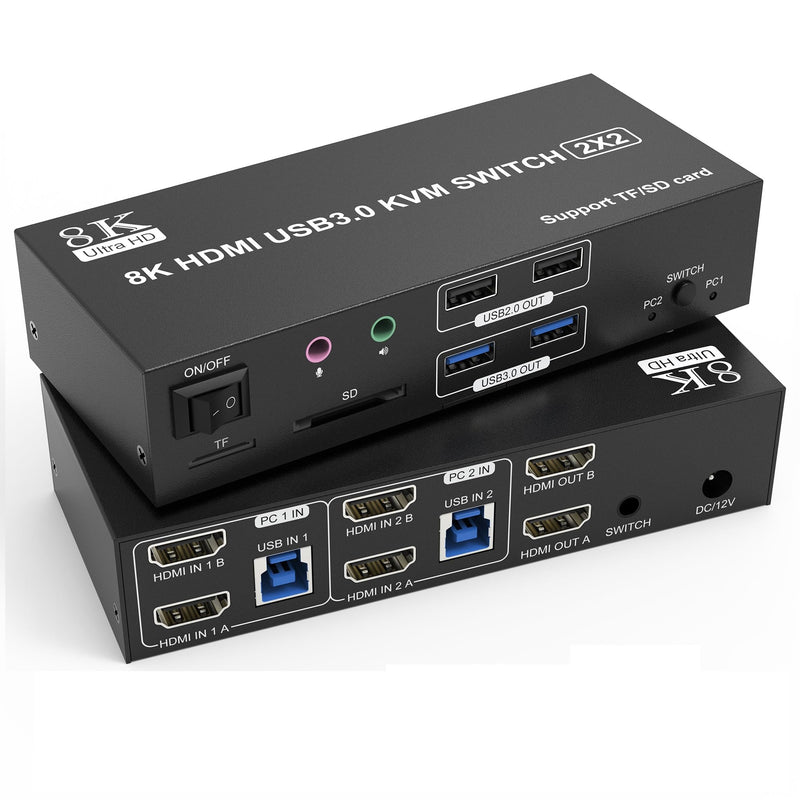 8K HDMI KVM Switch 2 Monitors 2 Computers Dual Monitor Support 8K@60Hz 4K@120Hz KVM Switcher for 2 Computers Share 2 Monitor, 4 USB Devices, Audio Microphone and SD TF Card, DC 12V &Wired Controller Black