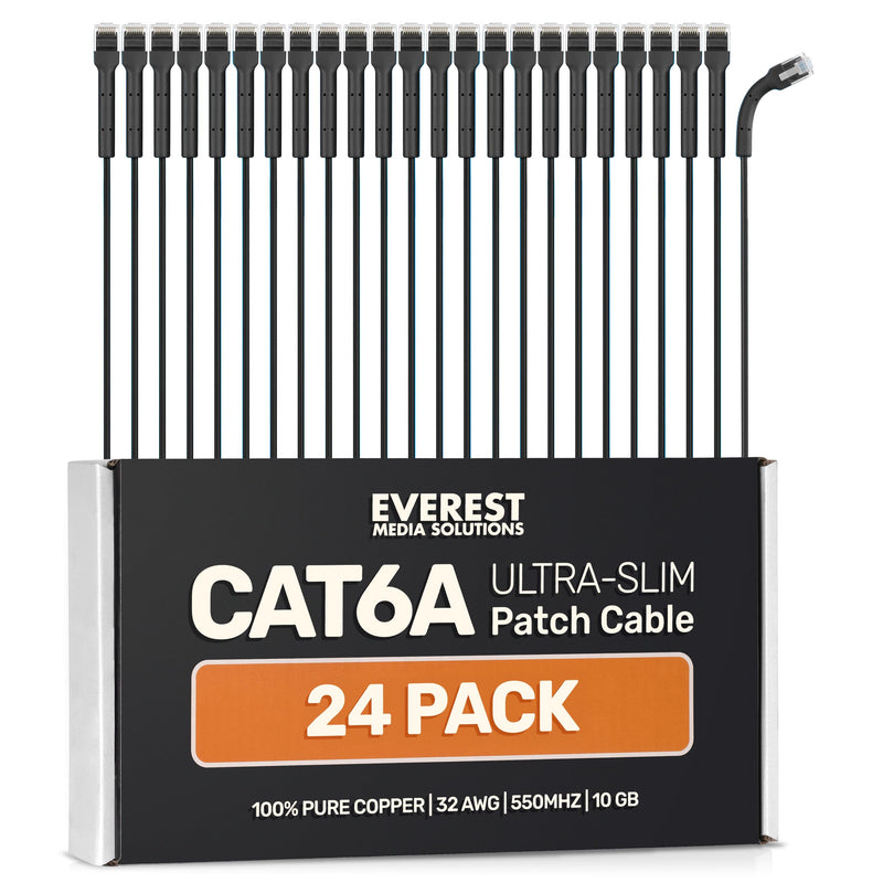 Everest Ultra Slim Cat6a Ethernet Patch Cables 1ft (24-Pack) Black - 10GB Cat 6a Patch Cable - Bendable, Flexible & Thin Ethernet Cable - Space Saving 32AWG 550MHZ Cat6a Cables - 100% Copper Wires 24-Pack