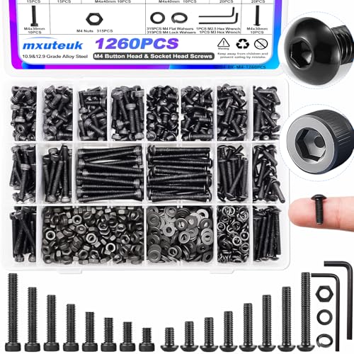 mxuteuk 1260PCS M4 Screws Kit,6mm-40mm Metric Screw Bolts Washers Nuts Kit,Hex Socket Button & Cap Head M4 Screws,12.9 & 10.9 Grade Alloy Steel Bolts with 2 Hex Wrench