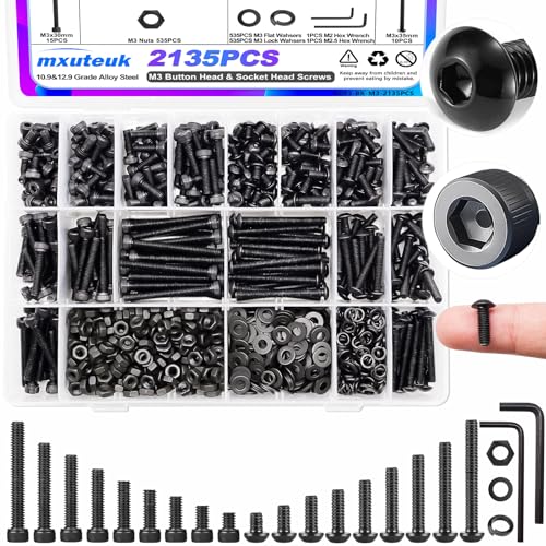 mxuteuk 2135PCS M3 Screws,4mm-35mm Metric Screws Nuts and Bolts Assortment Kit,12.9 & 10.9 Grade Alloy Steel Hex Socket Button & Cap Head M3 Screws with 2 Hex Wrench