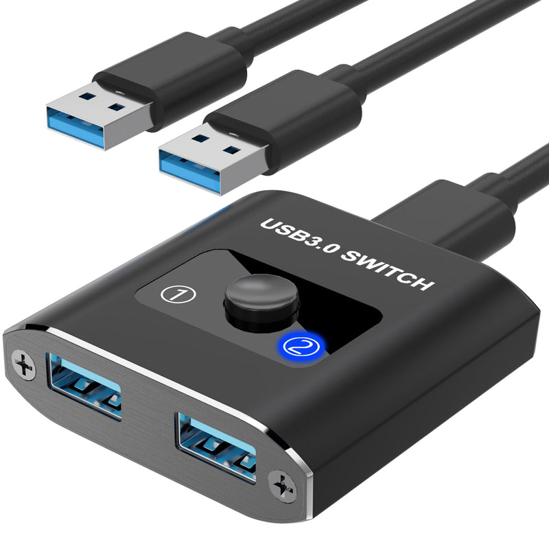 USB Switch, USB 3.0 Switch, Bi-Directional USB Switcher 2 in 1 Out/1 in 2 Out, Aluminum USB Switch 2 Computers Share 1 Device for Printer, Mouse, Keyboard, USB Sharing Switch with 2 USB 3.0 Cables
