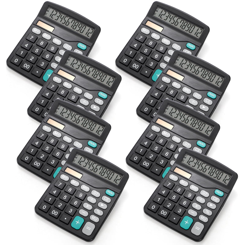 8 Pack Desktop Calculator 12 Digit, Solar Battery Basic Calculators, Dual Power Electronic Calculators with Large LCD Display, Sensitive Button Handheld Calculator for Office Home School, Black