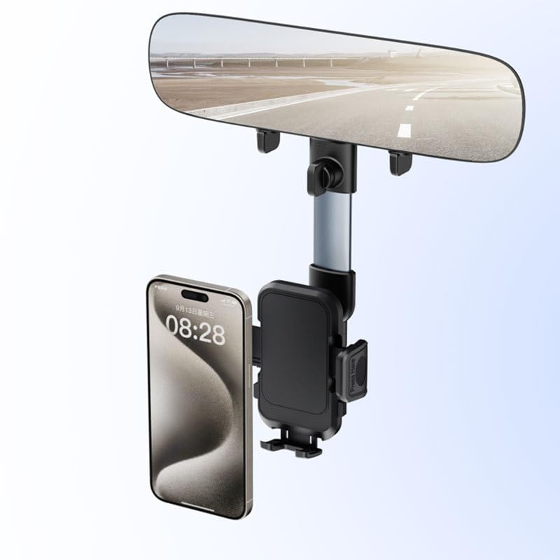 WinDu Rear View Mirror Phone Holder, 2025 Blue HD Panoramic 11.8'' Rearview Mirror with 360° Adjustable Phone Holder for Car SUV Trucks, 2 in 1 Cell Phone Car Mount for iPhone Android All Smartphone