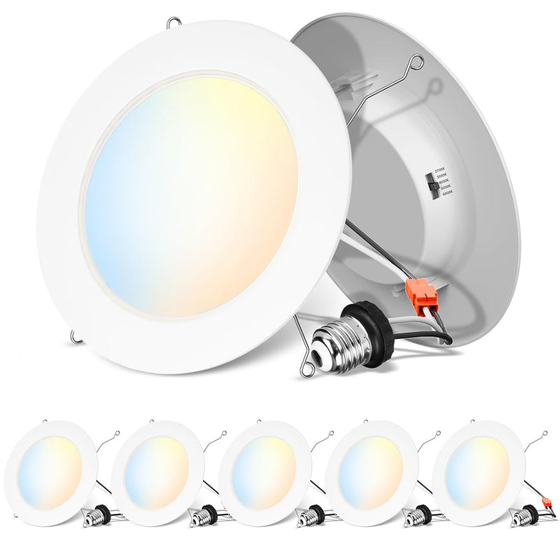 ANWIO Recessed Lighting 6 Inch 5CCT 1000LM High Brightness Flat Retrofit LED Recessed Lights Can Needs, 2700/3000/4000/5000/6000K Selectable Can Lights 10W CRI 80+ Dimmable E26 IC Rated & ETL 5 Pack White 6inch-5pack