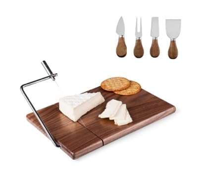 YLOLUL Replaceable Wire Cheese Slicer with Board Tightness Adjustable Cheese Slicer Wood Cheese Cutter and Cutting Board 9-1/2"x6-5/8" with 4pcs Knives Set for Block Cheese, Easy to Replace Acacia Wood