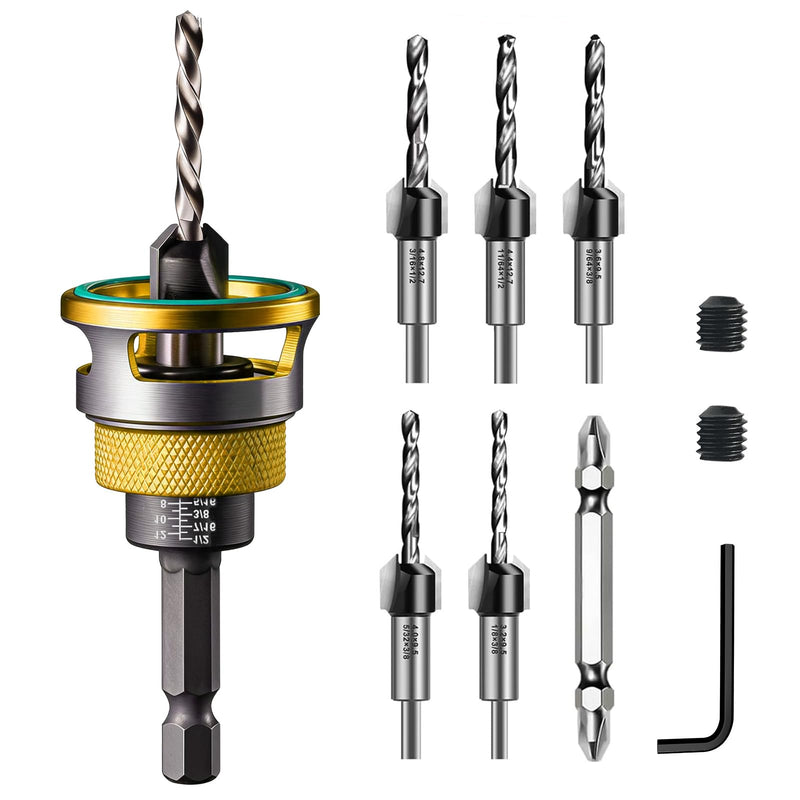Countersink Drill Bit Set for Wood,17 PCS Counter Sink Drill Bit with 15PCS HSS Tapered Drill Bits and 1/4" Hex Shank Quick Change for Woodworking with Storage Box 17 pcs Yellow