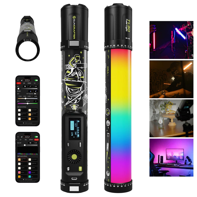 TL30 RGB Light Tube, RGBWW 360° Adjustable Magnetic Video Lighting Wand Stick with Smart APP Control, 2700K-10000K CRI96+ TLCI99+, 21 Scenes, Focus-Adjustable Spotlight, 5000mAh Battery