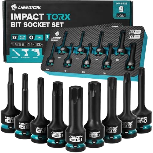 LIBRATON Impact Torx Bit Socket Set, 1/2" Drive, S2 Steel, T30-T80, 9PCS 9PCS Torx