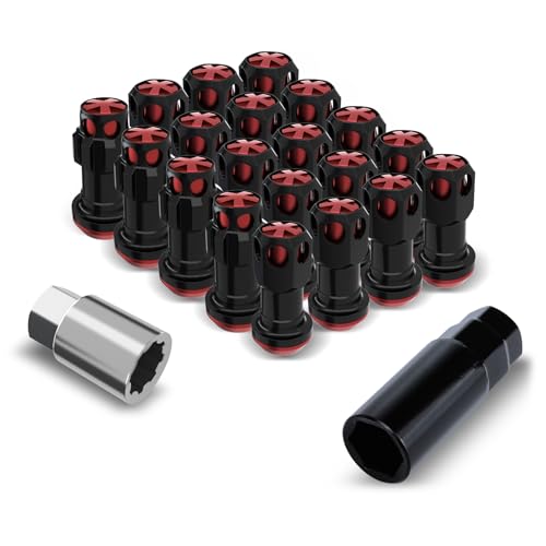 Lug Nuts Aluminum/Alloy Steel Tire Nut Lock 16 PCS Hex Nuts,4xEight Point Spline Nuts,1xHex Socket Key,1xEight Point Spline Socket Key,22mm OD/45mm H (Red Accents/Black Body, M12x1.25) Red Accents / Black Body