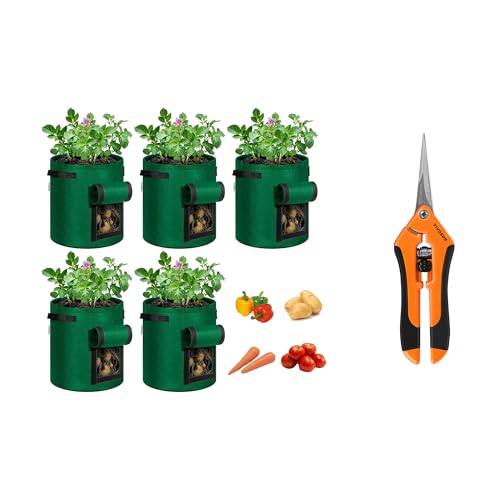 VIVOSUN 5-Pack 10 Gallon Potato Grow Bags and 6.5 Inch Gardening Scissors Hand Pruner Pruning Shear with Straight Stainless Steel Blades Orange 1-Pack