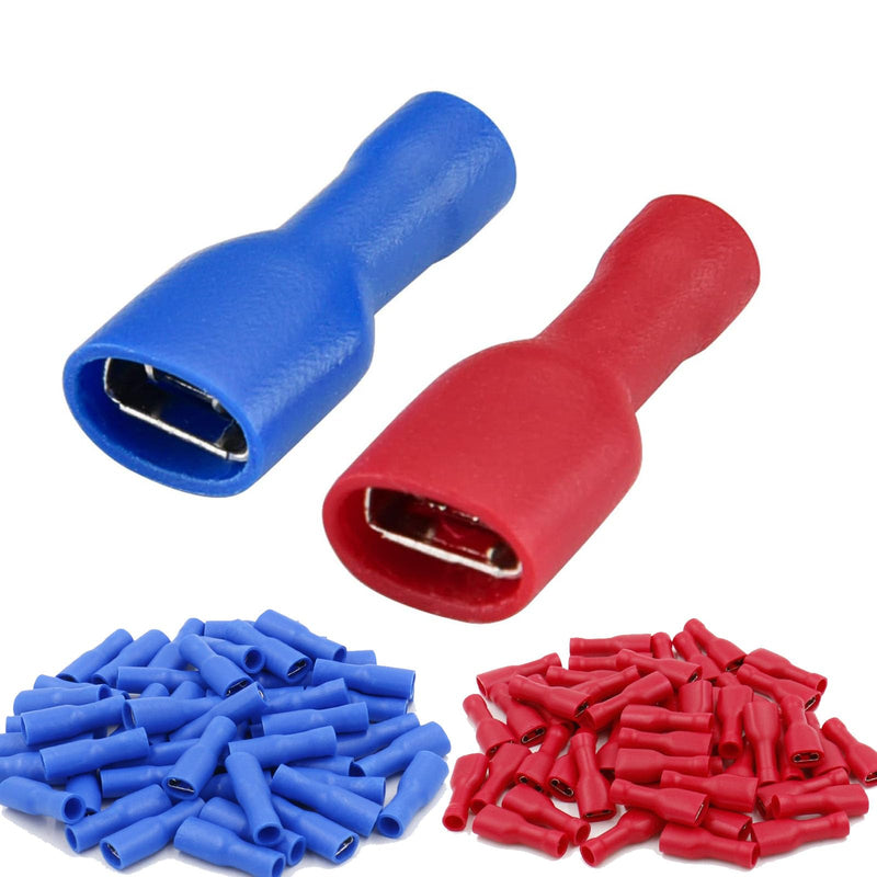 Quick Coupling Socket Vinyl Fully Insulated, 6.3 x 0.8 mm Cable Lug, Red for 0.5-1.5 mm² (22-16 AWG), Blue for 1.5-2.5 mm² (16-14 AWG), Pack of 120 Red-blue 120
