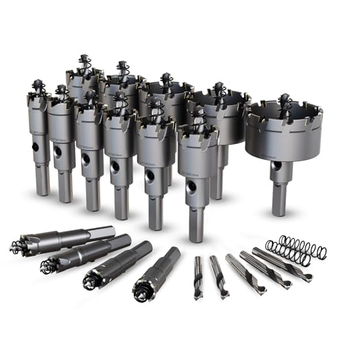 GSTK 20PCS Upgrade Heavy Duty Carbide Hole Saw Kit,with 5*Extra Titanium Plated Pilot Center Drill and 2* Spring，for Hard Metal, Stainless Steel, Iron 15pcs
