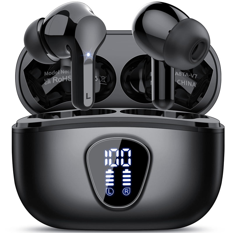 Wireless Earbuds, Bluetooth 5.3 Headphones HiFi Stereo, Bluetooth Earbuds with ENC Noise Cancelling Mic, IP7 Waterproof in Ear Earphones, 48H, LED Display Ear buds for Pad Phones Workout Sports, Black
