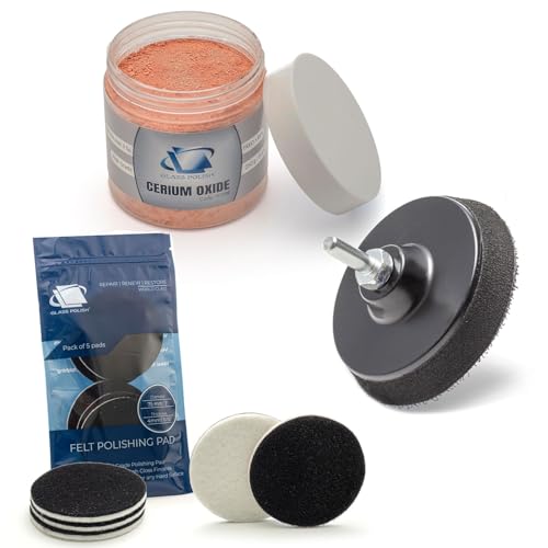GLASS POLISH DIY Glass Polishing Bundle for Drill - Set of 8.8 oz Cerium Oxide, 3" Felt Polishing Pads and 3" Backing Pad with Drill Attachment
