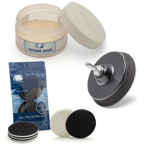 GLASS POLISH DIY Glass Polishing Bundle for Drill - Set of1.76 oz Fine-Grade Cerium Oxide, 3" Felt Polishing Pads and 3" Backing Pad with Drill Attachment
