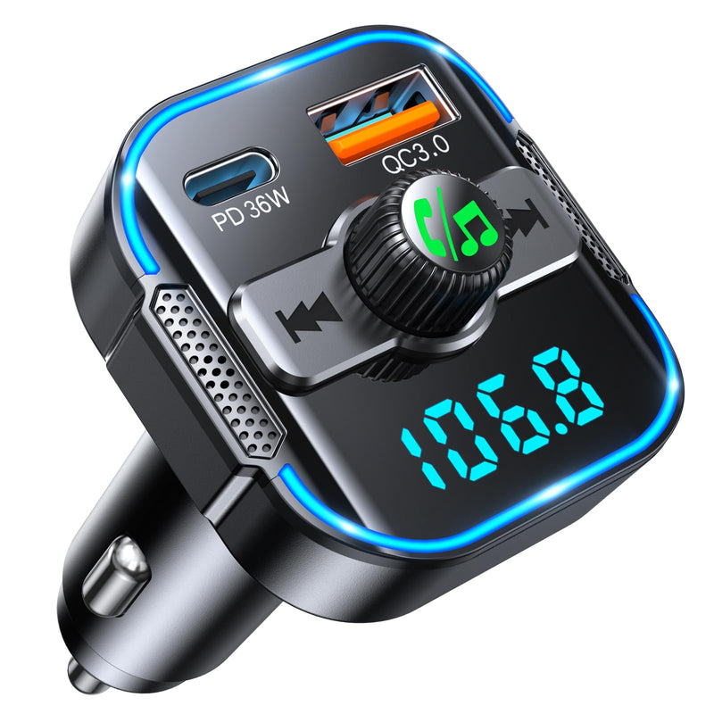2024 Upgrade Bluetooth 5.3 Car Adapter【PD 36W+QC3.0 18W】, 2-in-1 FM Transmitter 【Dual Stronger Mics】& Fast Car Charger, Wireless Car Radio Adapter Hands-Free Car Kit, Siri Assistant Player