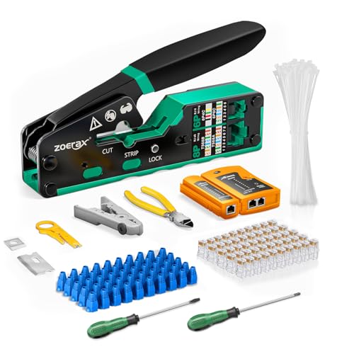 Ethernet crimping tool kit RJ45 crimp tool, Cat5 Cat6 Pass Through Crimping Tool for Network Cable Tester, Multiply Stripper, 50PCS Cat 6 Pass Through Connectors and Strain Relief Boots 10 IN 1 Set