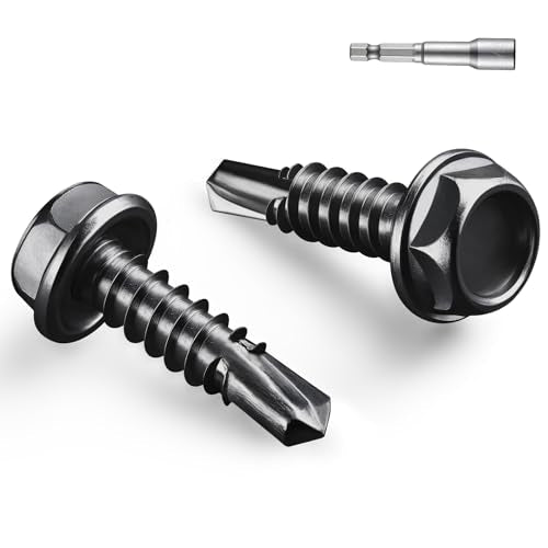 #10 x 3/4 Inch Self Drilling Screws, (493pcs) 3 lbs Black Self Tapping Screws for Metal, 410 Stainless Steel Hex Washer Head Sheet Metal Screw #10x3/4" Black 3lb Per Box