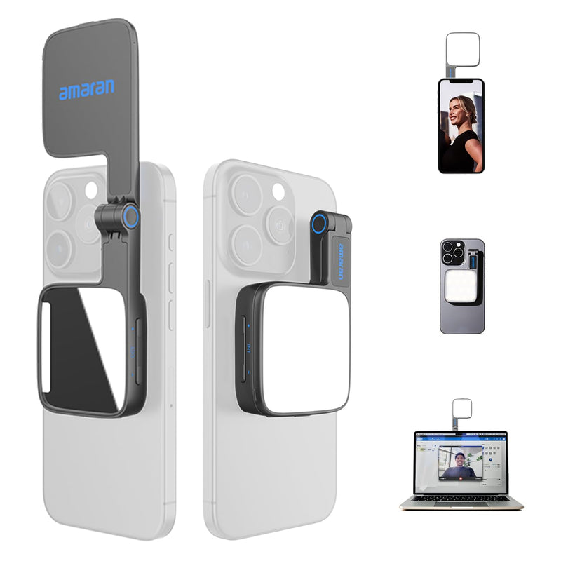 Amaran Go Magnetic Selfie Phone Light, Compatible with MagSafe & Qi2 Magnets, Dual LED Light Source with Adjustable Mirror Light & CCT (2700K-6500K), for Selfies, Makeup, & Content Creation (Charcoal)
