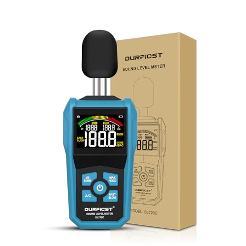 Calibrated decibel meter, DURFICST sound level meter with calibration certificate, dB meter with LCD color screen, dB/SONE units quick switching, backlight, A/C weighting | Volume meter with LCD color screen, MAX/MIN, A/C weighting,...