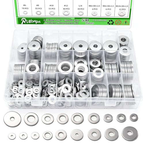 530Pcs Fender Washers for Screws and Bolts, 23 Sizes SAE & Metric Flat Assorted washers Kit,304 Stainless Steel Washers Set for Bolts (M3 M4 M5 M6 M8 M10 M12 6# 8# 10# 1/4 5/16 3/8 1/2) Metric &SAE-530PCS Flat Washers