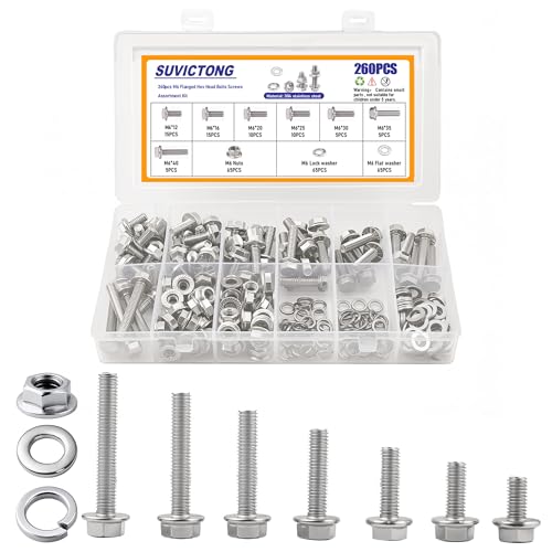 260Pcs 304 Stainless Steel M6 Flange Hex Head Bolts Assortment Kit,M6-1.0 x 12/16/20/25/30/35/40mm with Serrated Flange Nuts,Washers & Lock Spring Washers,Hex Head Screw, Full Thread DIN6921 Sliver M6 Flange Blots Kit