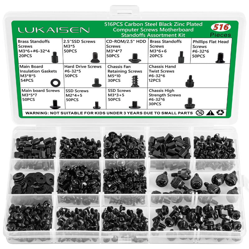 516PCS Computer Screws Assortment Kit, 6-32 Male to M3 Female Carbon Steel Black Zinc Plated Motherboard Standoffs Screws for 2.5''SSD Hard Drive Fan Power Graphics Chassis CD-ROM Computer ATX Case 516Pcs Black PC Screws