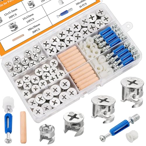 120PCS Cam Locks for Furniture,3-in-1 Eccentric Hardware Wheels,Furniture Cam Lock Fasteners,Multi-Size Nut & Bolt Wood Dowel Pins for Connecting and Repairing Furniture Assortment Sets