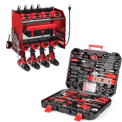 TLGREEN Power Tool Organizer Wallt+198 Piece Tool Box, Tool Kit, Mechanics Tool Set, Portable Toolbox with Adjustable Wrench Pliers Socket Bits, with Plastic Toolbox, for House Apartment Garage (Red)