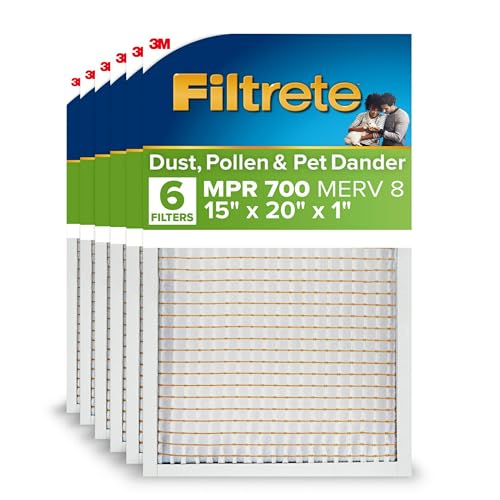 Filtrete 15x20x1 AC Furnace Air Filter, MPR 700, MERV 8, Tough on Pollen, Easy on Airflow, 3-Month Pleated 1-Inch Electrostatic Air Cleaning Filter, 6-Pack (Actual Size 14.81 x 19.81 x 0.81 in)