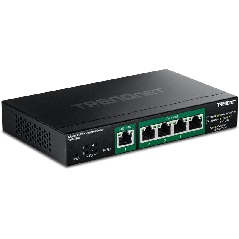 TRENDnet 5-Port Gigabit PoE++ Powered Managed Switch with PoE Passthrough, TPE-B541, 1 x Gigabit PoE++ Input, 4 x Gigabit PoE+ Output, 60W PoE Budget, NDAA TAA Compliant, Lifetime Protection PoE++ 90W