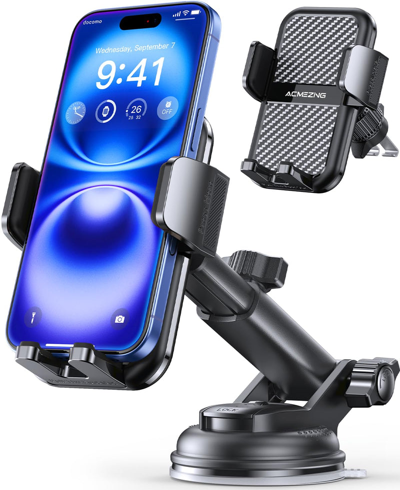 3-in-1 Car Phone Holder [122+LBS Strongest Suction & Stable Clamp Arm] 360° Adjustable Car Phone Mount, Cell Phone Holders for Your Car for Dashboard Vent, All Smartphones & Car Models (Black) Black
