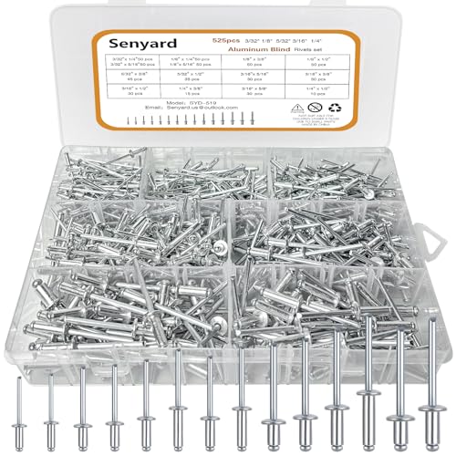 Pop Rivets, Pop Rivets Assortment Kit, Aluminum Rivets kit, Pop Rivet Set Including (3/32" 1/8" 5/32" 3/16" 1/4"), Assorted Blind Rivets for Metal Dome Head Rivet kit 525 Pcs 3/32" 1/8" 5/32" 3/16" 1/4"