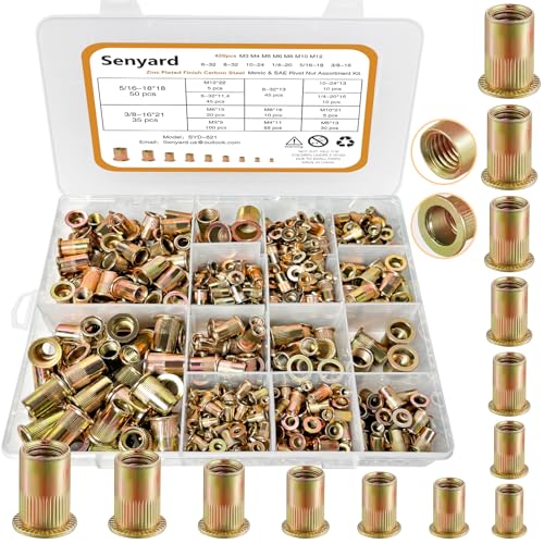 Metric & SAE Rivet Nuts Assortment Kit(420 Pcs), m3 m4 m5 m6 m8 m10 m12#6-32#8-32#10-24 1/4"-20 5/16"-18 3/8"-16 UNC Rivet nut, Zinc Plated Finish Carbon Steel Rivnut Metric &SAE-420pcs Yellow