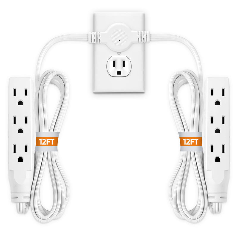 Twin Extension Cord Power Strip - 24FT Dual Extension with Flat Wall Plug, Split Extension Cord with Multiple Outlets, Double Head Outlet for Behind Bed, Couch,Indoor Flush Design(White) White