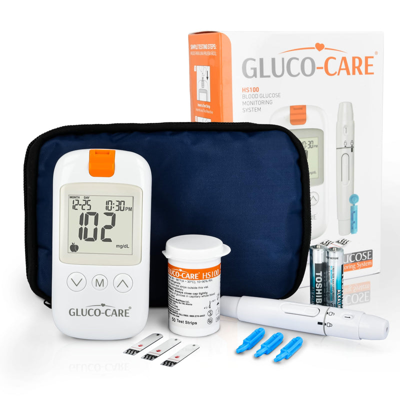 GLUCO-CARE Gluco-Care Glucose Monitor Kit - Sleek White Design, Clear Display, Auto Calibration, Glucometer Kit with Strips and Lancets, 5 Sec Results, 500 Memory, Travel Case, 1 Lancing Device, Convenient Blood Surgar Testing for Diabetes