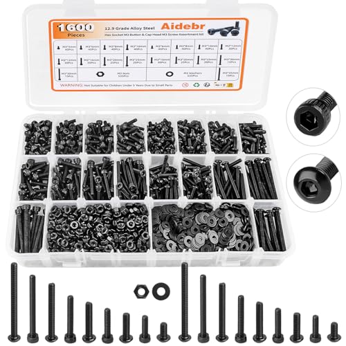 1600 PCS M3 Screw Kit, Hex Button Socket & Cap Head M3 Metric Screw Assortment Kit, Grade 12.9 Alloy Steel Assorted M3 Bolts and Nuts Machine Screw Set for DIYers, 3D Printing 1600Pcs M3 Size