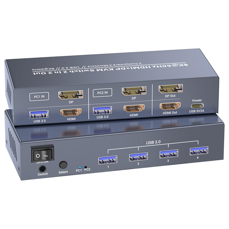 HDMI Displayport KVM Switch 2 Monitors 2 Computers, 8K60Hz 4K120Hz USB 3.0 Dual Monitor HDMI DP KVM Switch for Controlling 2 PC with 1 Set of Keyboard, Mouse and 2 Monitors 8K HDMI+DP