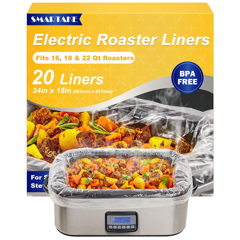 SMARTAKE Electric Roaster Liners, 20 Count Disposable Roaster Liners, Fits 16, 18, 22 Quart Roasters, Roaster Pan Oven Liners Plastic Cooking Bags for Instant Cleanup, 18 x 34 Inch 20-Pack