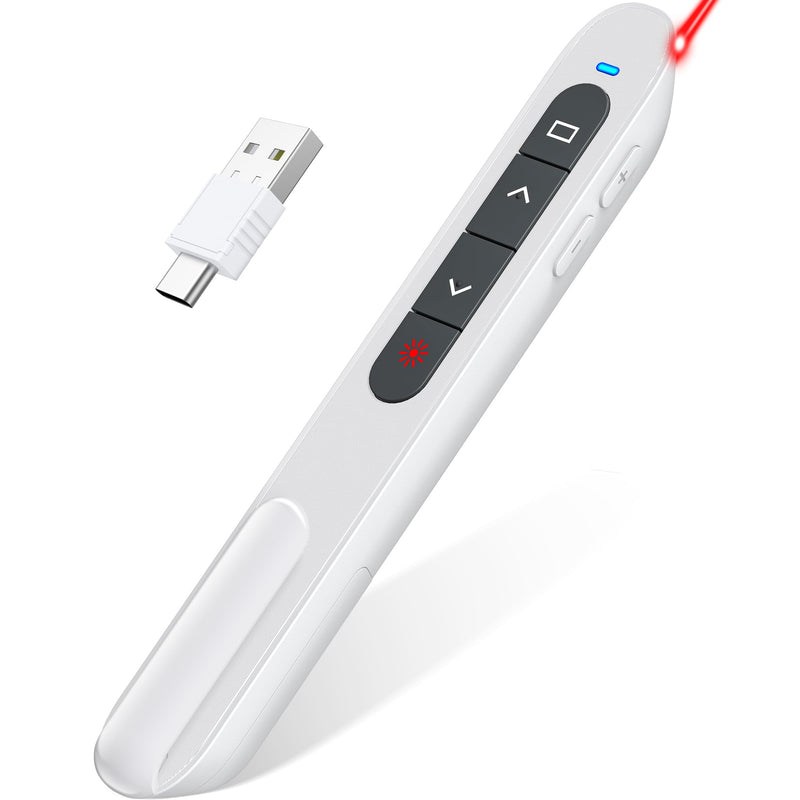 White USB C Presentation Clicker, Volume Control Wireless Presenter, RF 2.4GHz Presentation Remote PowerPoint Clicker Slide Advancer Pointer for Classroom/Office/Mac/PC D-A-USB Type C