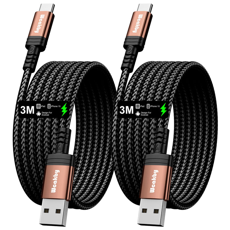USB C Cable 3 m [Pack of 2] Charging Cable USB C Fast Charging Cable, 3.1A Nylon Braided USB A to USB C, Long Mobile Phone Charging Cable for Samsung Galaxy S24/S23, Pixel, LG and USB-C Devices 3 m + 3 m Golden Brown