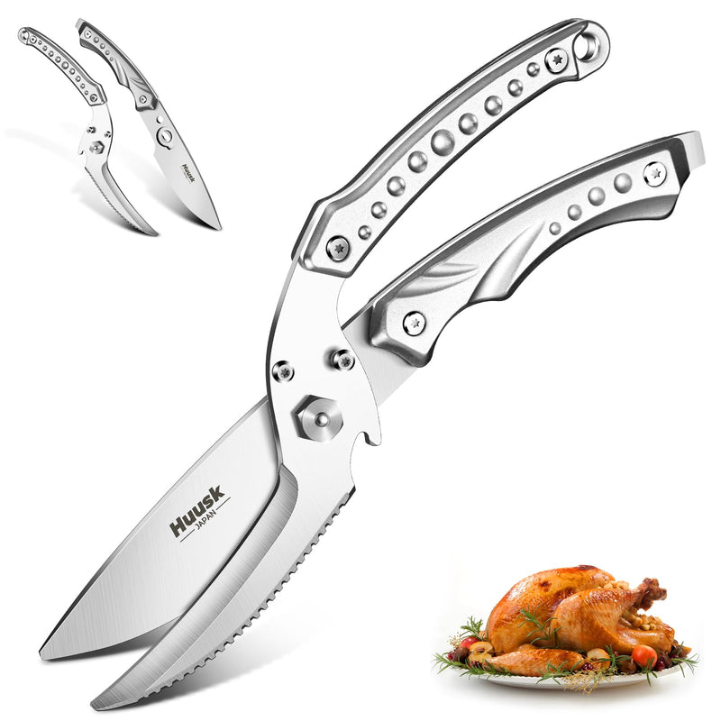 Huusk Kitchen Scissors All Purpose Poultry Shears Heavy Duty Ultral Sharp Detachable Kitchen Shears for Chicken Bone Turkey Silvery Stainless Steel Cooking Shear Thanksgiving Silver