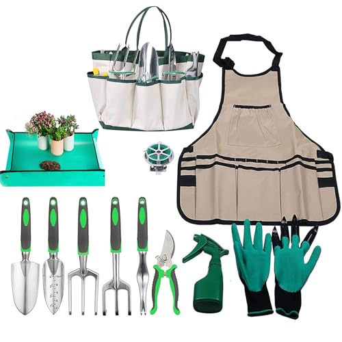 Garden Tool Set, 11 Pcs Gardening Hand Tools Heavy Duty Stainless Steel Garden Supplies with Repotting Mat for Planting Kit with Gift Box, Gardening Gifts for Women Men Mom