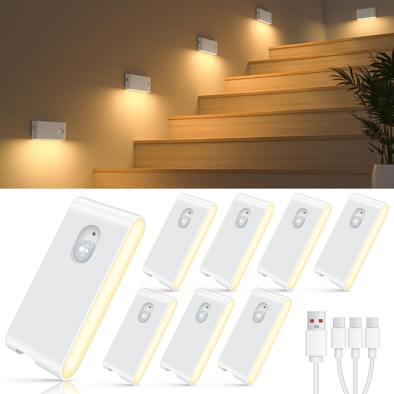 WILLED Rechargeable Night Lights, Warm White Motion Sensor Night Lights, Wireless Stair Lights Indoor for Stairway, Hallway, Kitchen, Closet, Cabinet, Bedroom, Kids' Room(8-Pack) 8 Pack